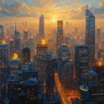 bitcoin urban skyline oil painting