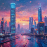 blockchain cityscape oil painting