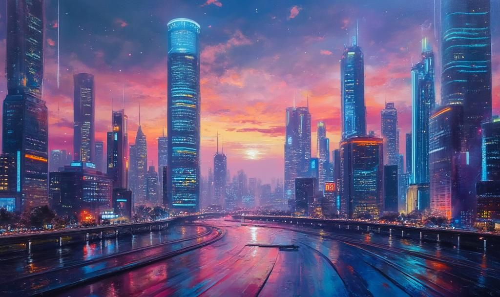 blockchain cityscape oil painting
