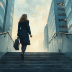 businesswoman exiting office painting