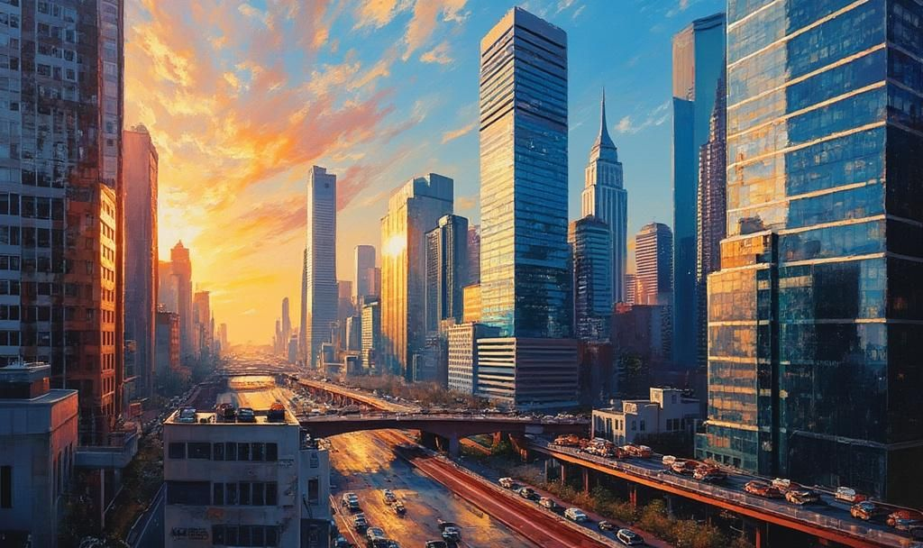 bustling cityscape block bitcoin
