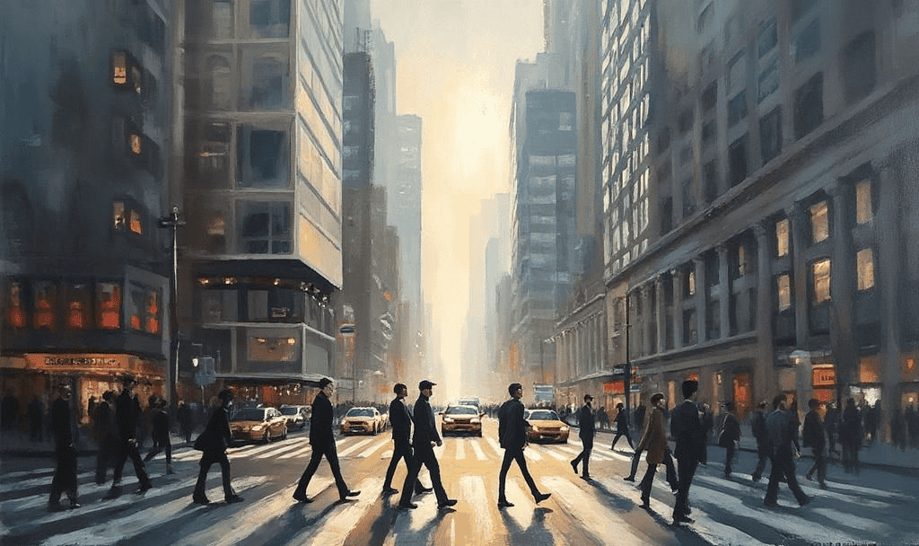 bustling cityscape oil painting