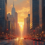 financial district dusk oil painting