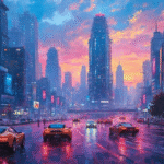futuristic cityscape oil painting