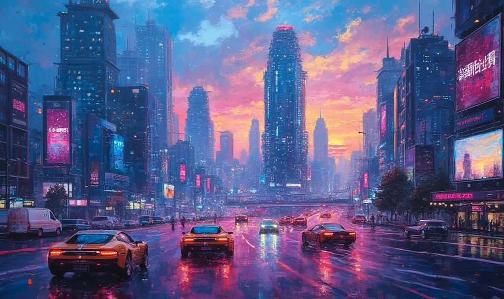 futuristic cityscape oil painting