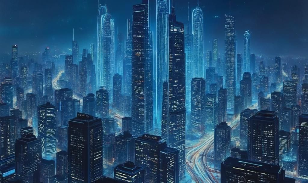 futuristic financial district painting