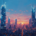 futuristic skyline dusk art