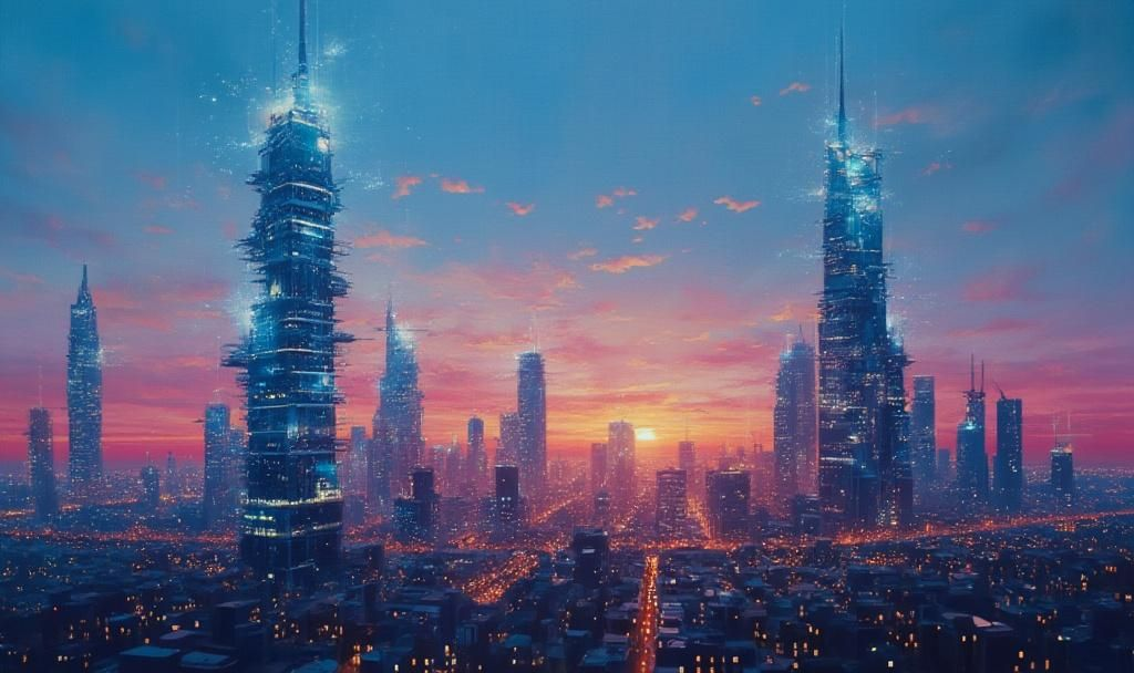 futuristic skyline dusk art