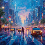 futuristic urban skyline painting