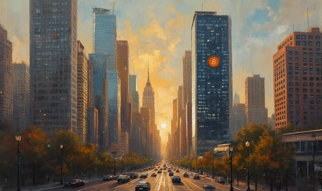New Jersey Pension Fund's Bitcoin Exposure via MicroStrategy 4 modern cityscape bitcoin art