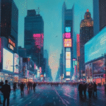 neon urban dusk oil painting