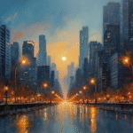 twilight cityscape oil painting