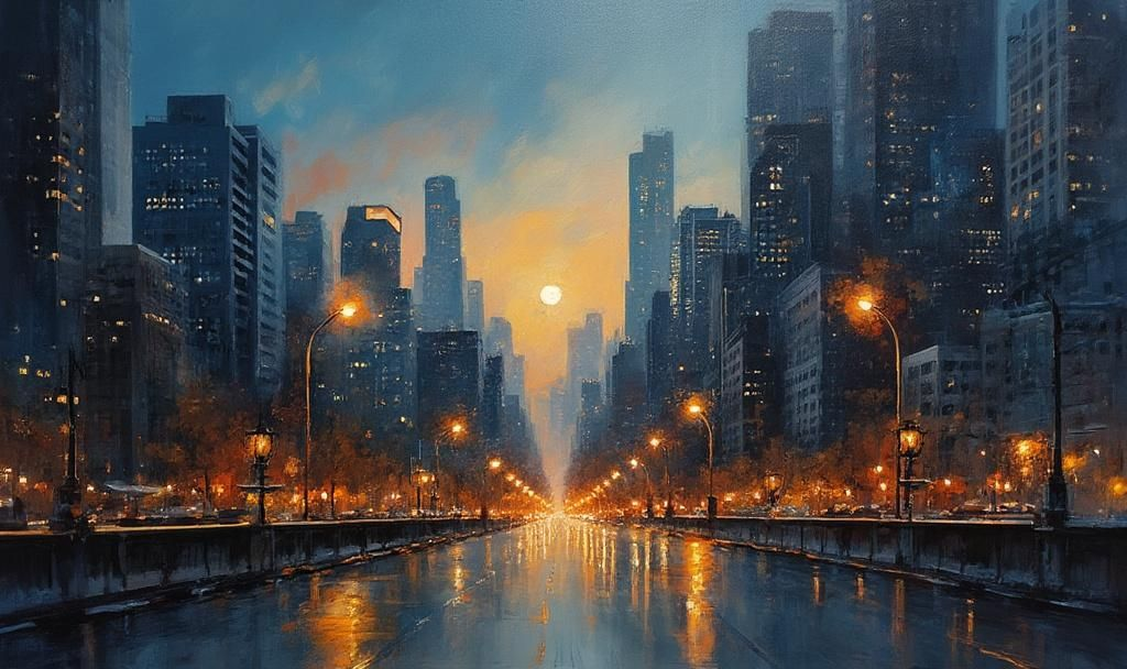 twilight cityscape oil painting