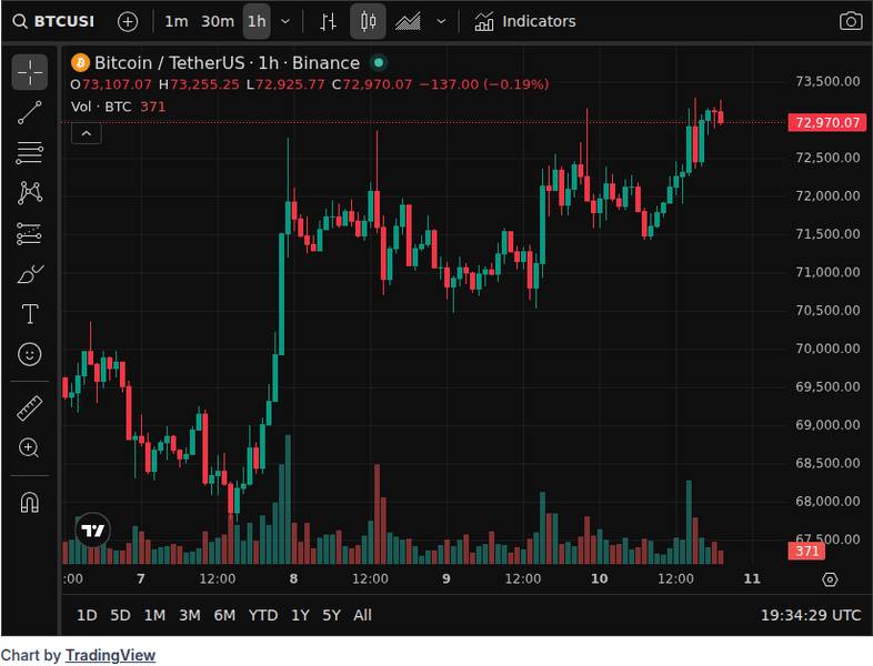 BTC Bulls Push Past $73K as Weekly Gains Reach 9% 4 CoinGecko price chart for BTC Bulls Charge Past $73K as Weekly Gains Hit 9% - 📖 Full Story @www_Bitcoin_com Bitcoin News BTC Bulls Charge Past $7...