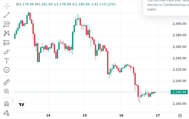 CoinMarketCap price chart for Ethereum ETFs post outflows on every trading day of the week