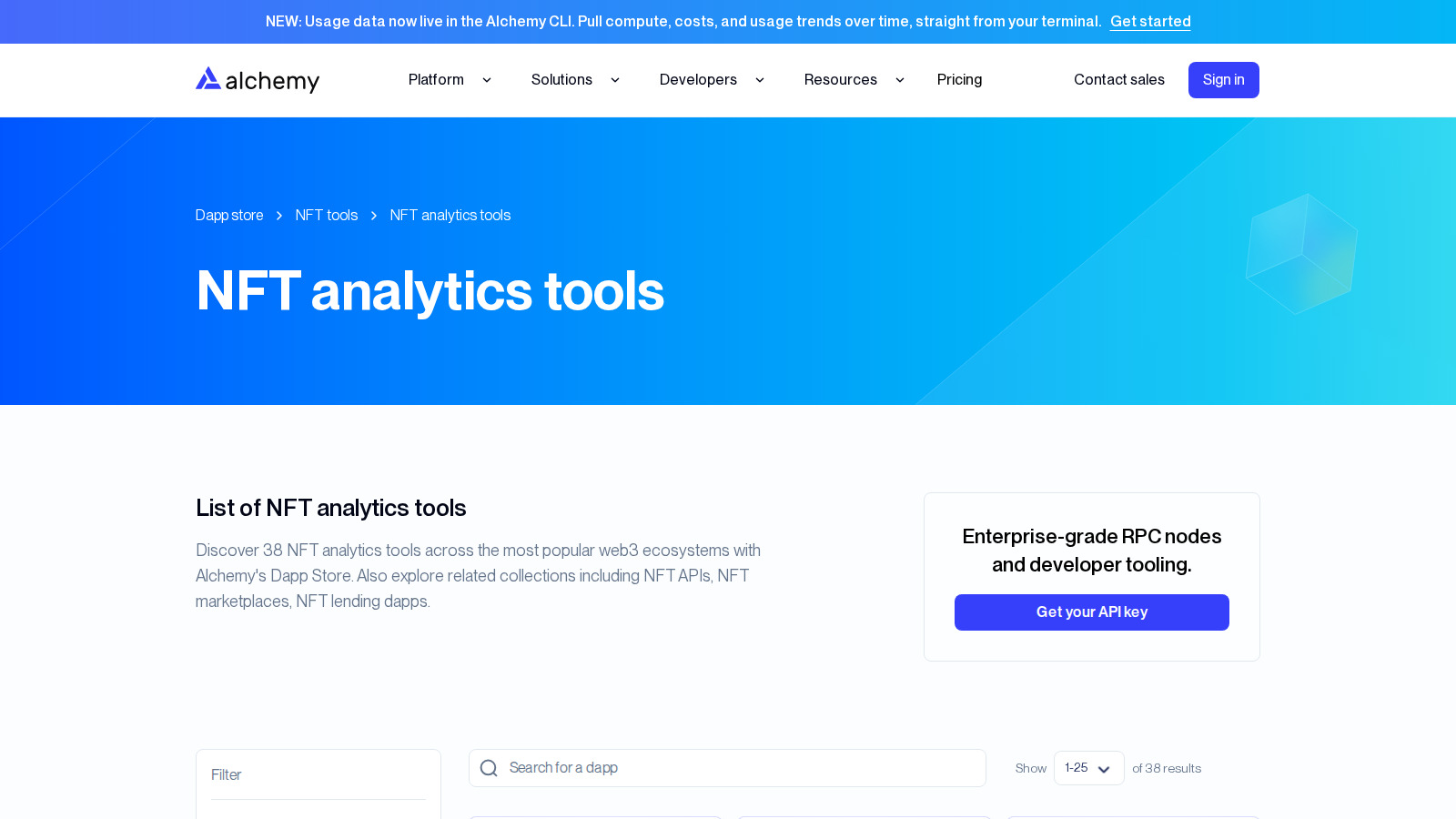 Alchemy page listing NFT analytics tools in 2026