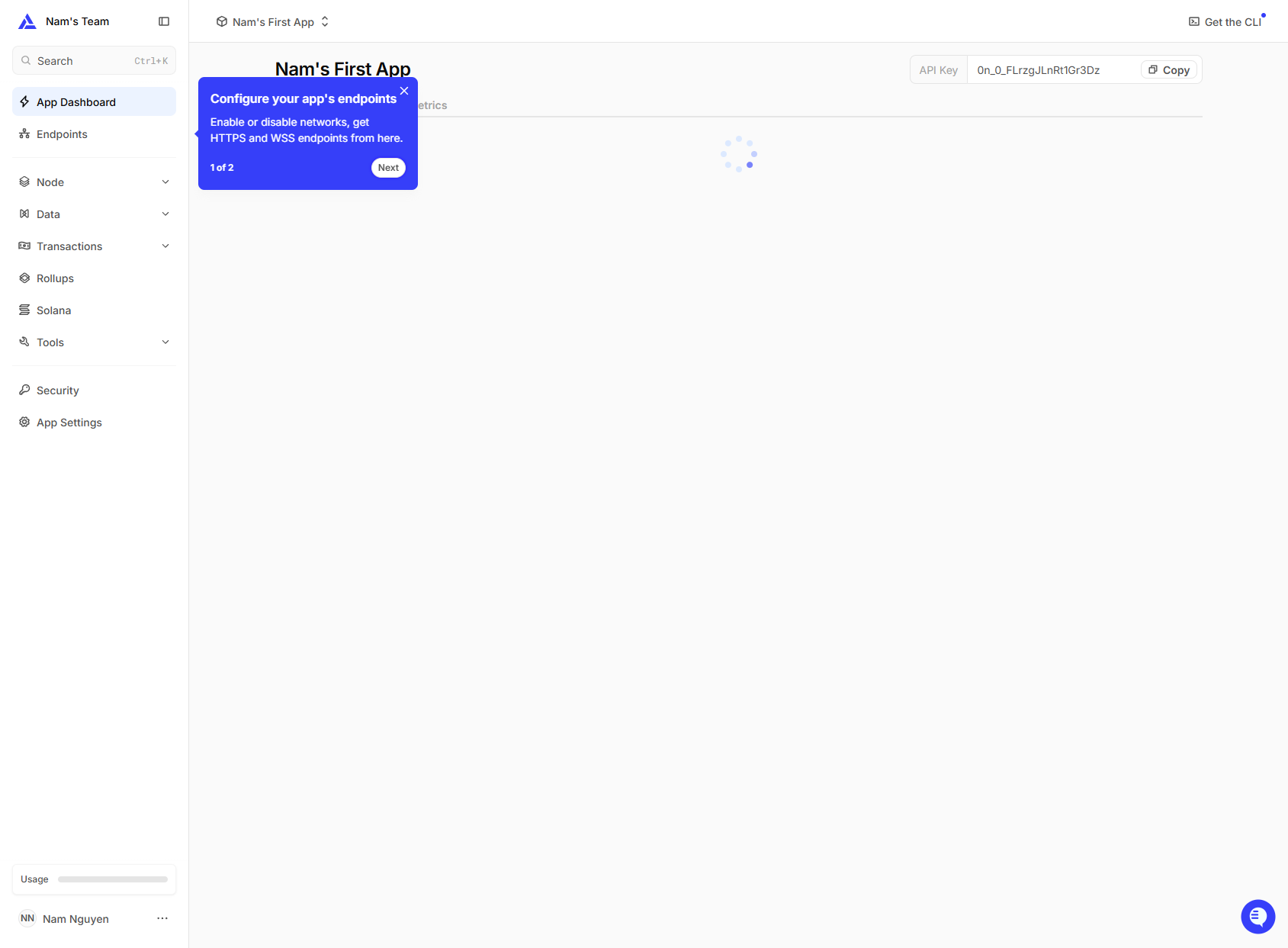 Alchemy authenticated dashboard showing apps overview after Google OAuth login