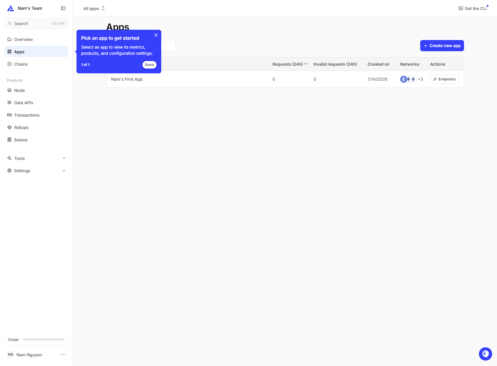 Alchemy apps management page inside the authenticated developer dashboard