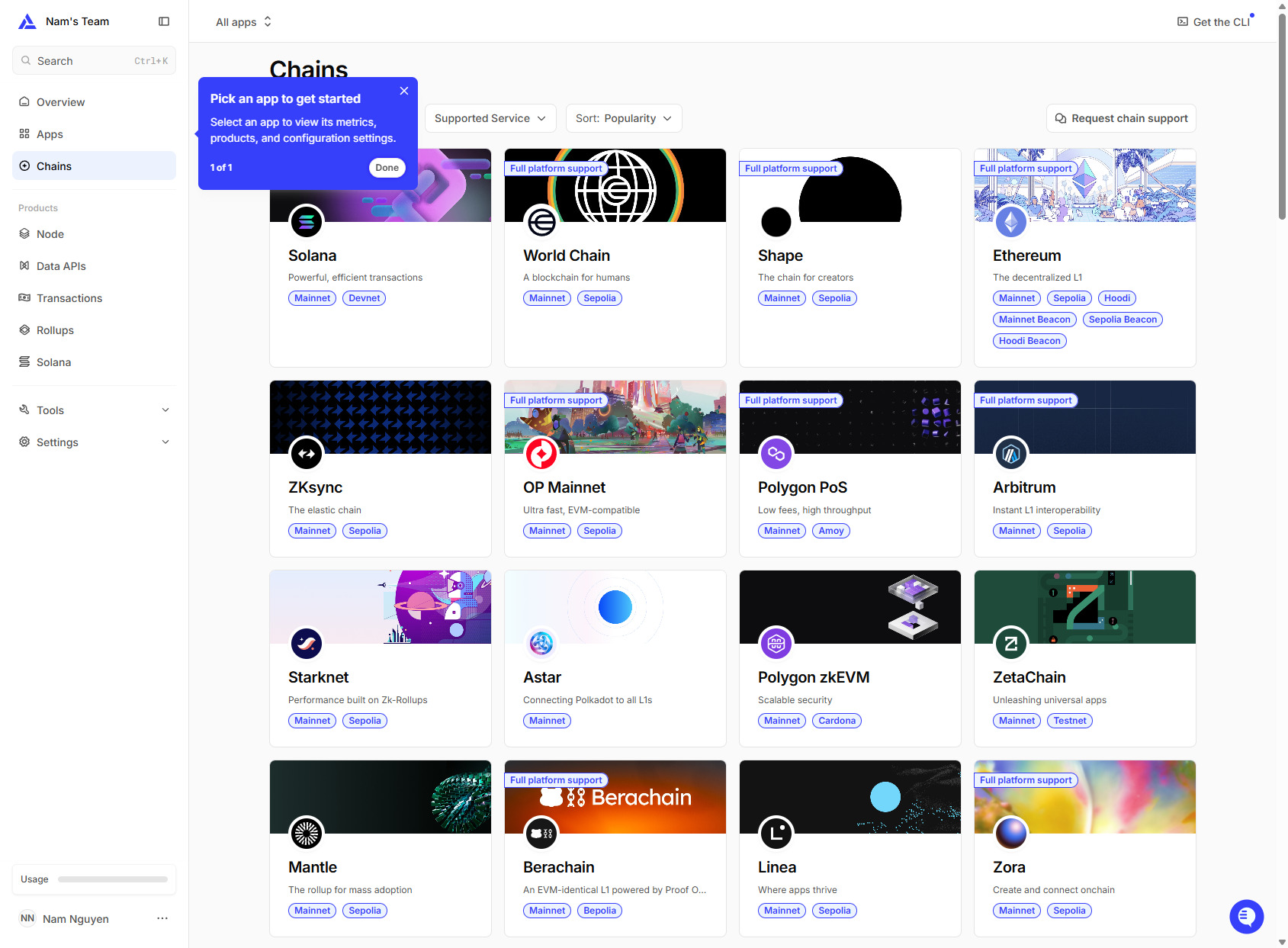 Alchemy supported chains UI inside the authenticated dashboard confirming multi-chain support