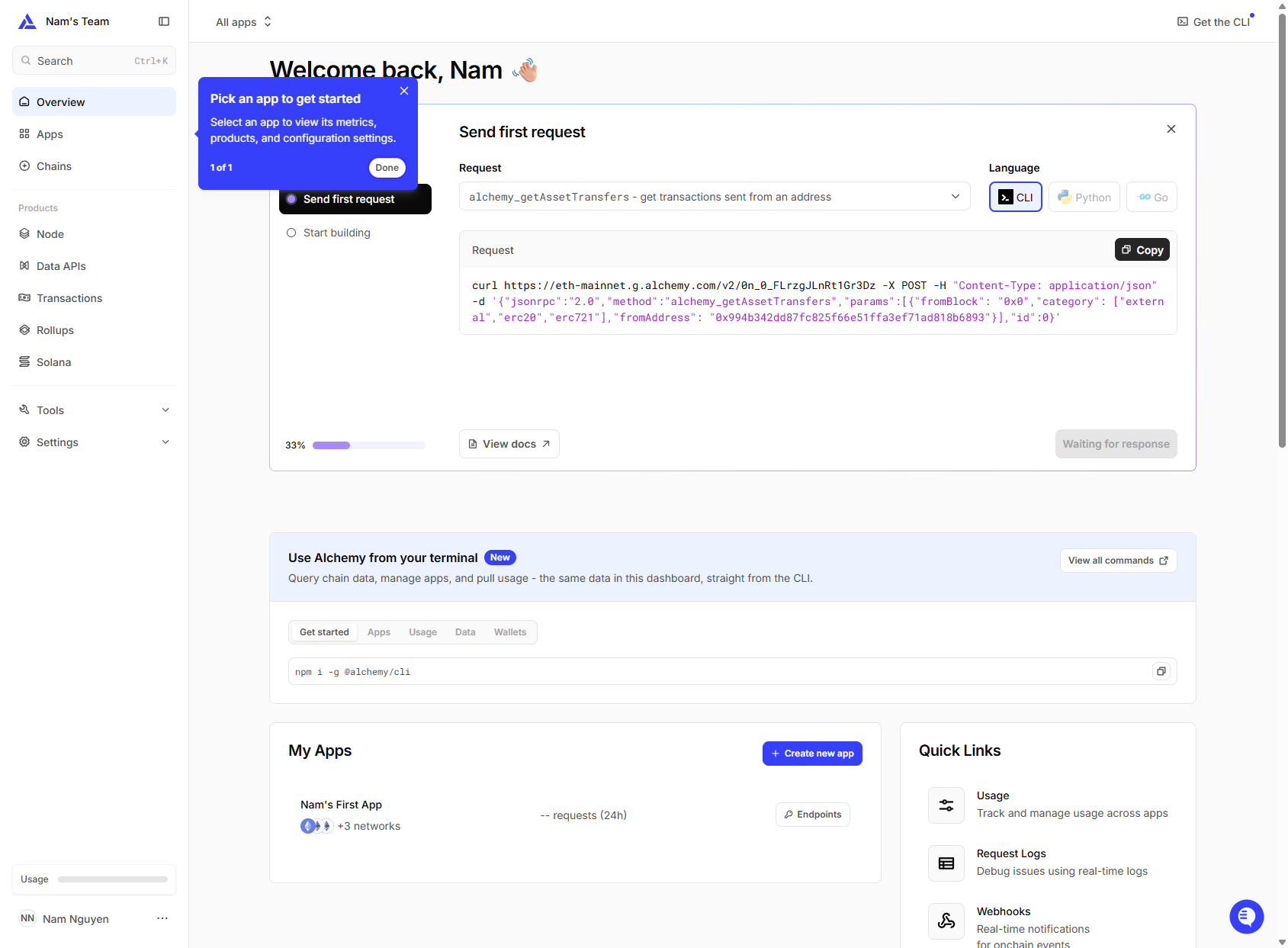 Alchemy NFT API dashboard inside the authenticated developer environment
