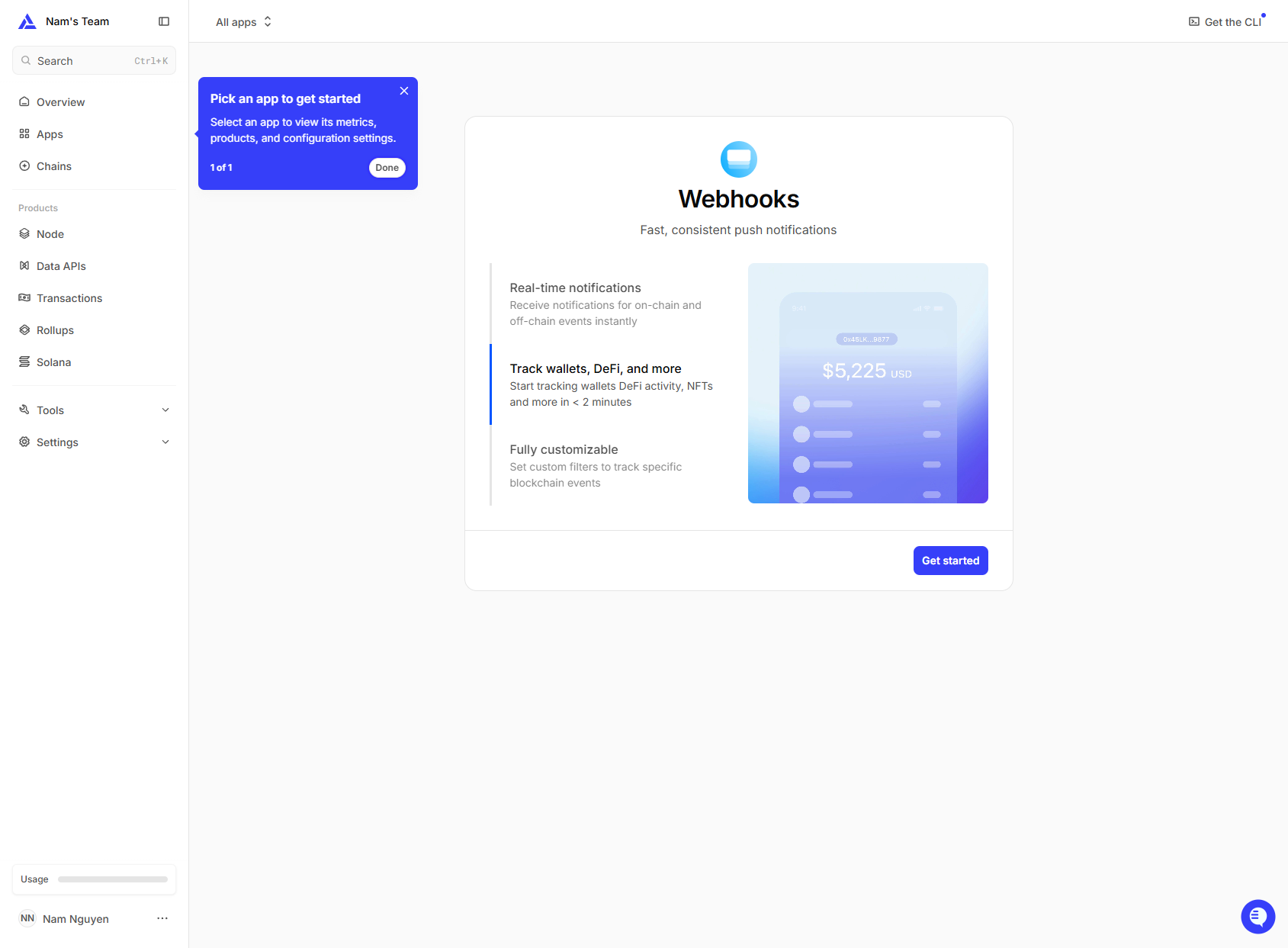 Alchemy Webhooks dashboard showing event streaming configuration inside the authenticated dashboard