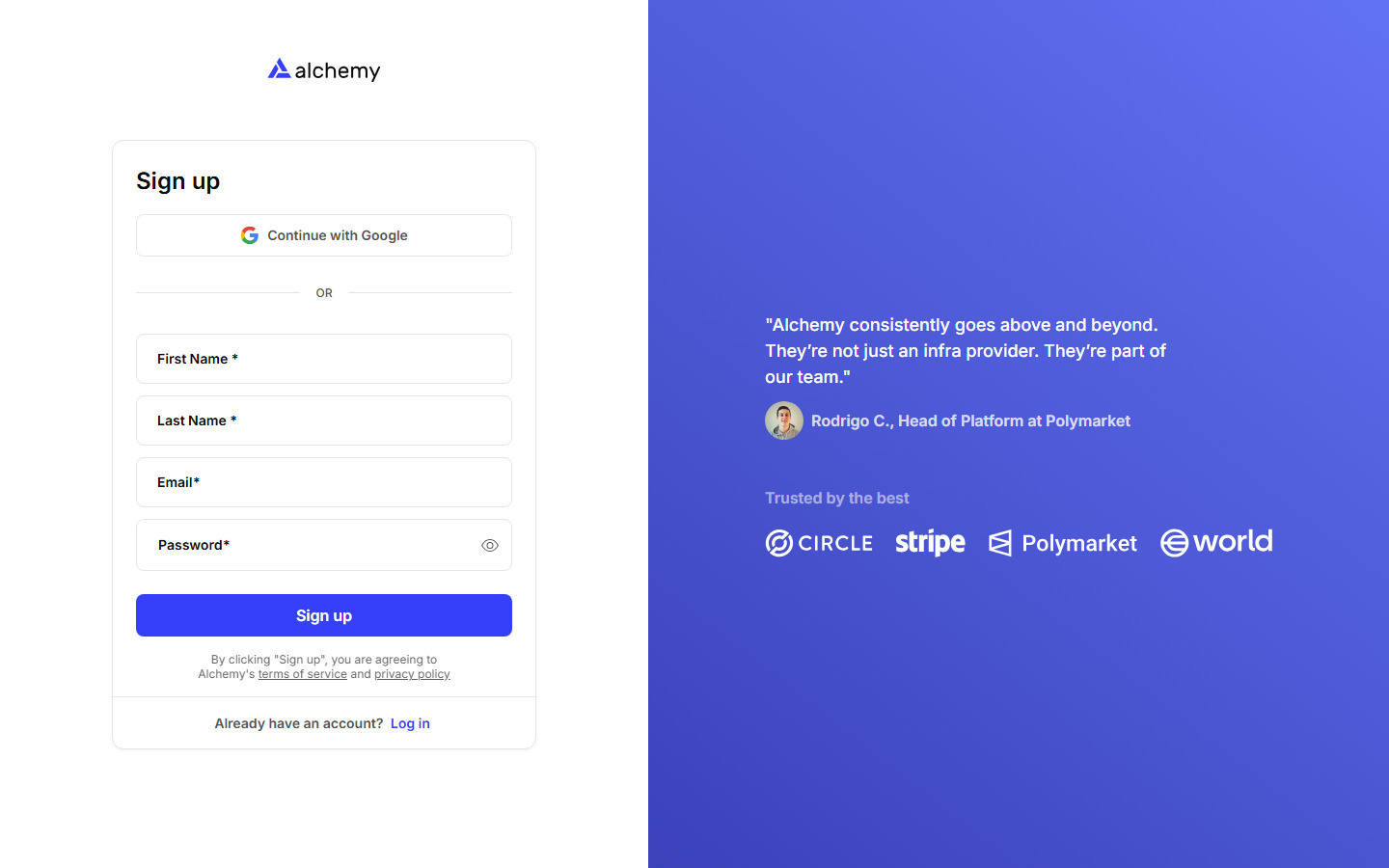 Alchemy account signup form showing email, name fields and Google OAuth option