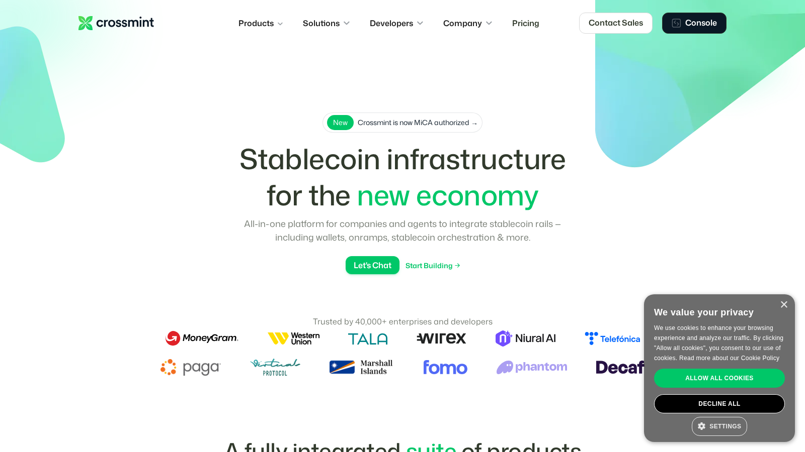 Crossmint platform homepage showing enterprise checkout and blockchain ownership tools