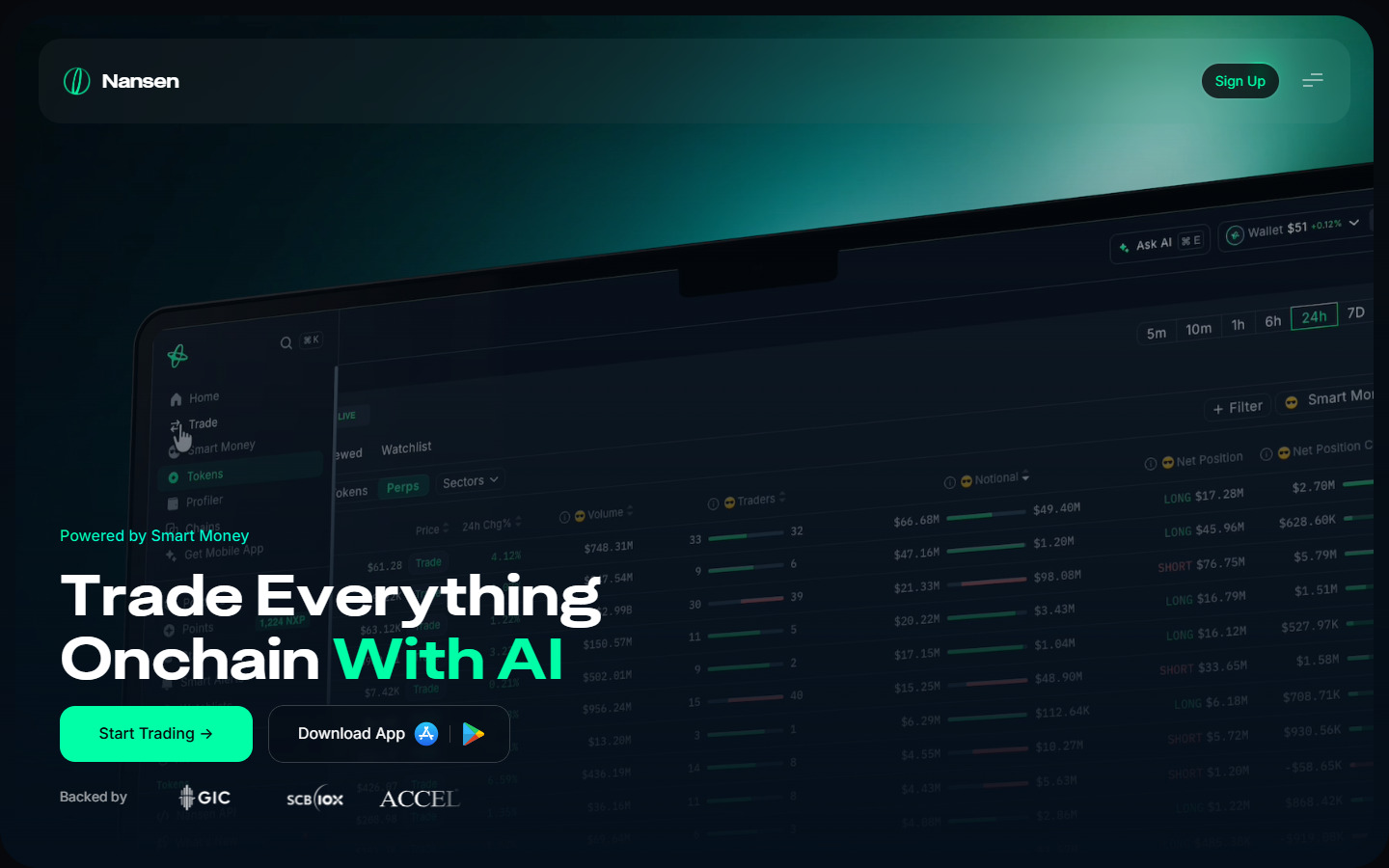 Nansen homepage showing smart money and wallet intelligence for NFT tracking