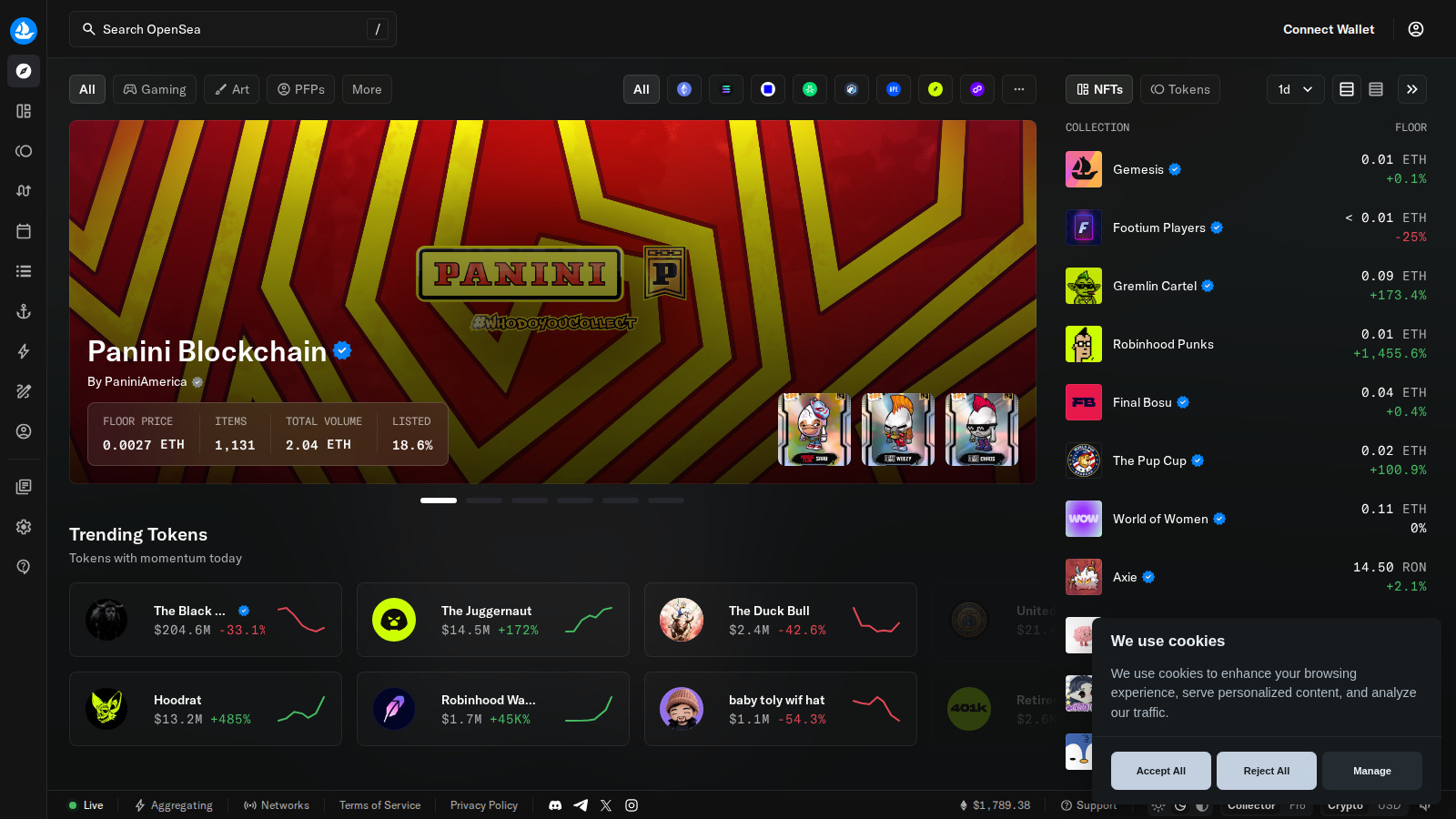 OpenSea homepage showing marketplace-led NFT discovery and collection browsing