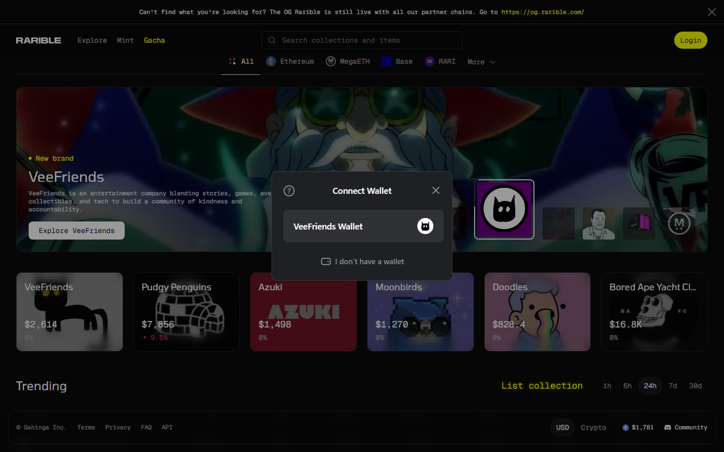 Rarible login modal showing wallet and social sign-in options