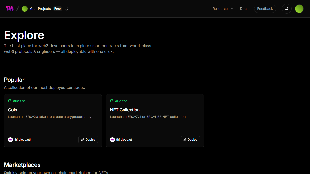 Thirdweb Explore page showing pre-built contract templates inside the authenticated dashboard