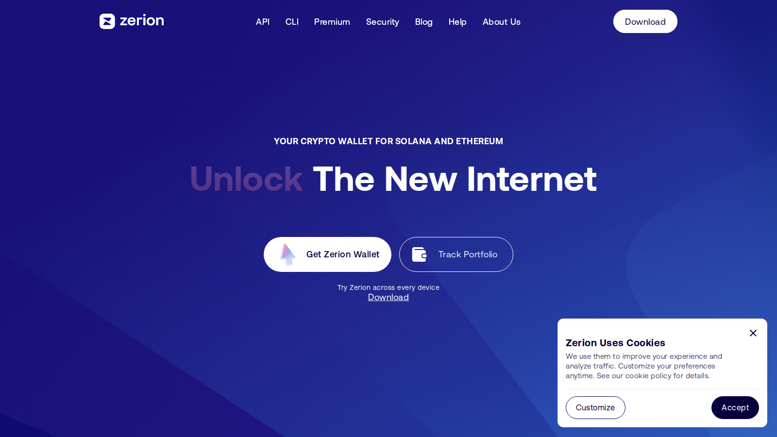 Zerion homepage showing portfolio and multi-chain wallet tracking features
