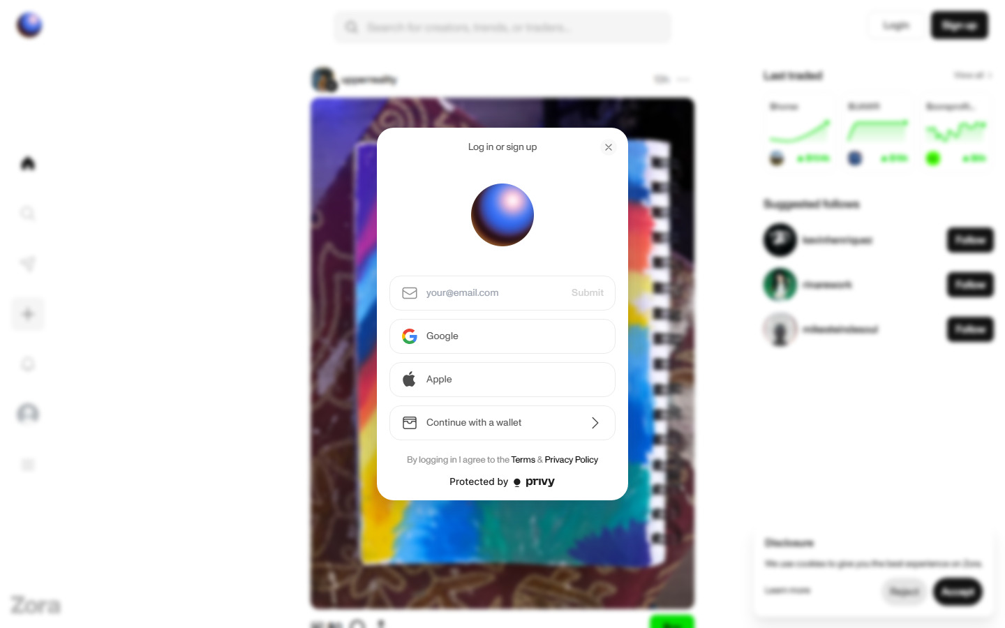 Zora wallet connect modal on the create page, showing wallet selection options