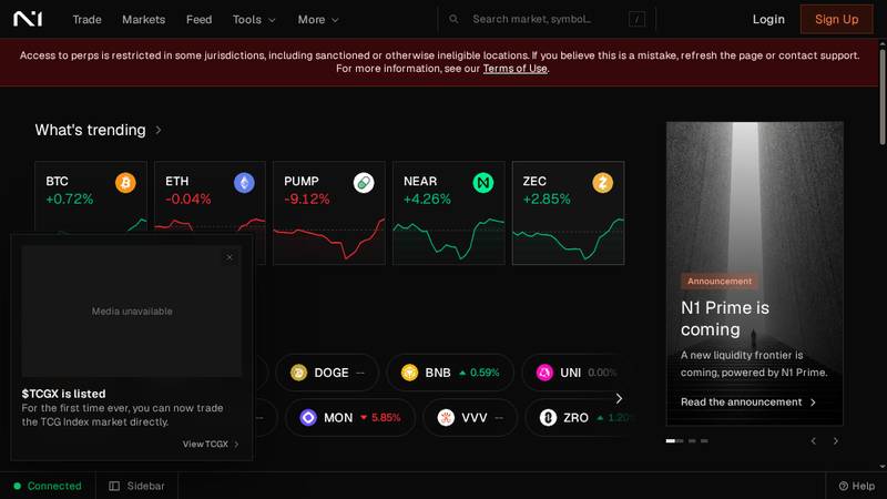 N1 live tablet homepage with market cards and announcement panel