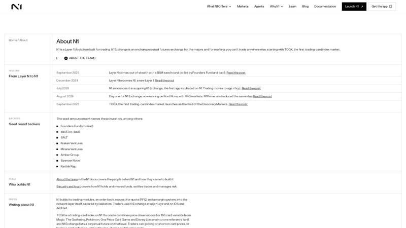 N1 official Day One launch page describing RFQ markets, Points and future product rollout